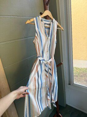 A New Day multicolor striped sleeveless shirt dress with split neck and tie belt